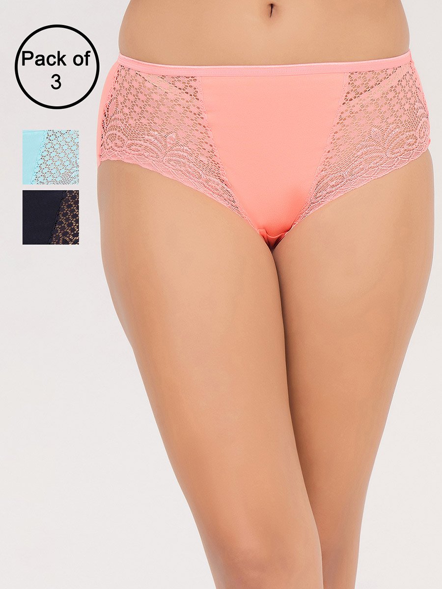 Pack of 3-Mid Waist Hipster Panty with Lace Wings - Cotton