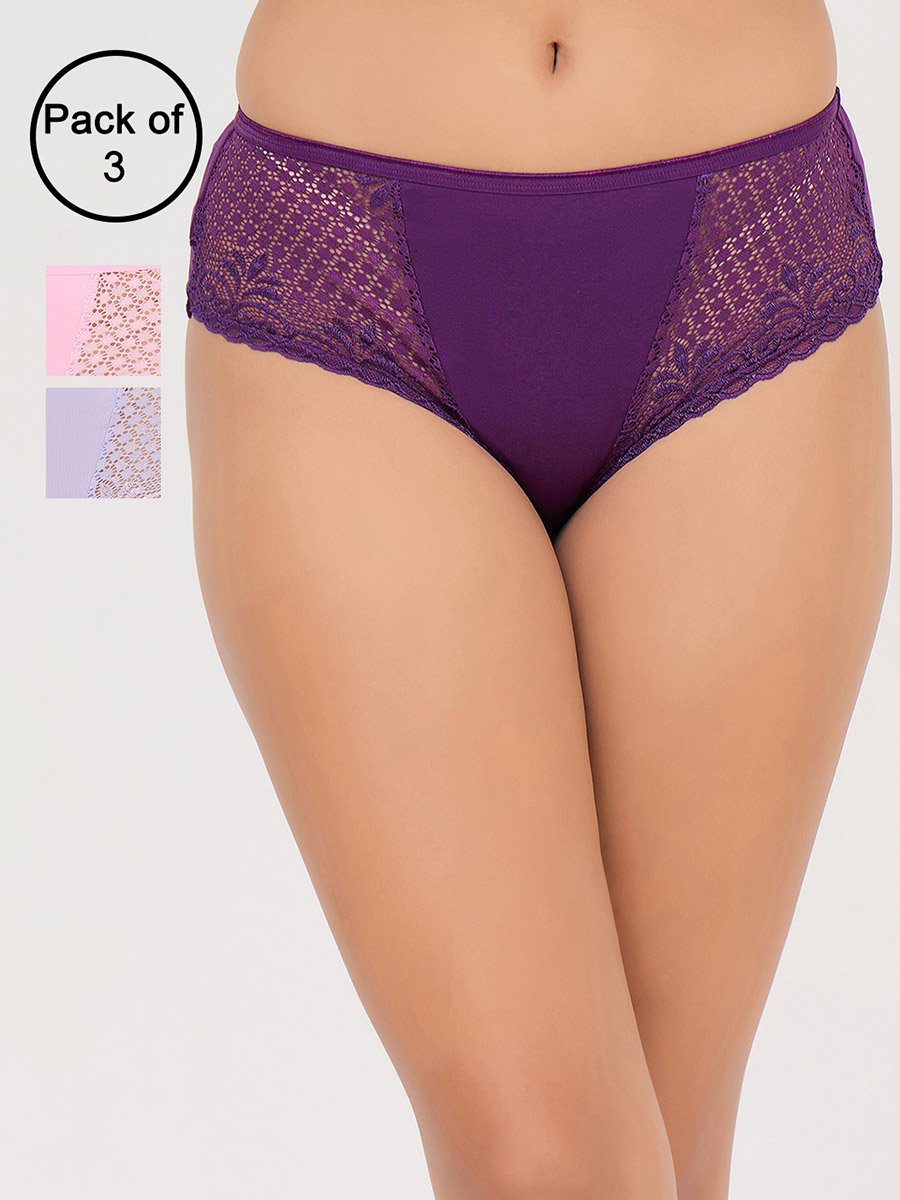 Pack of 3- Mid Waist Hipster Panty with Lace Wings - Cotton