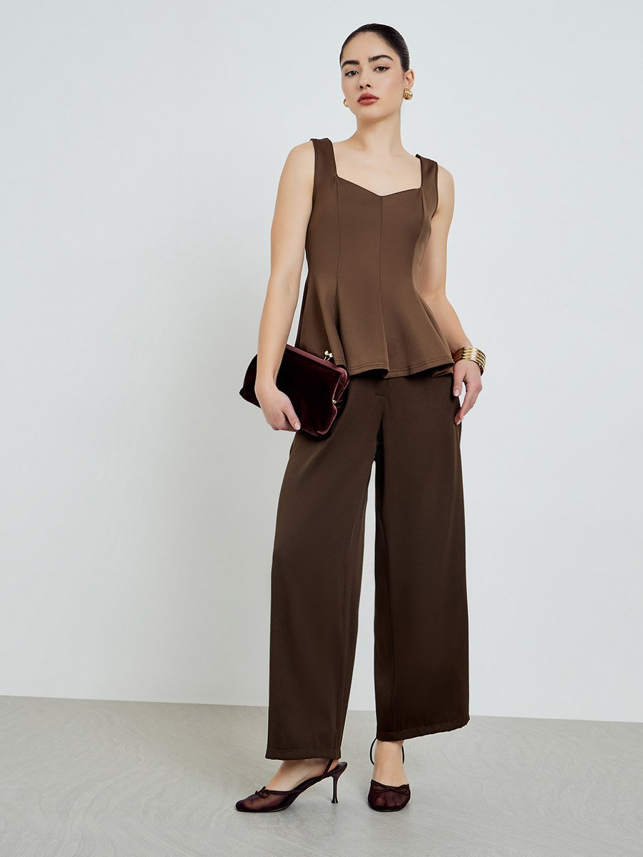 Brown Wide Straps Pleated Peplum Top
