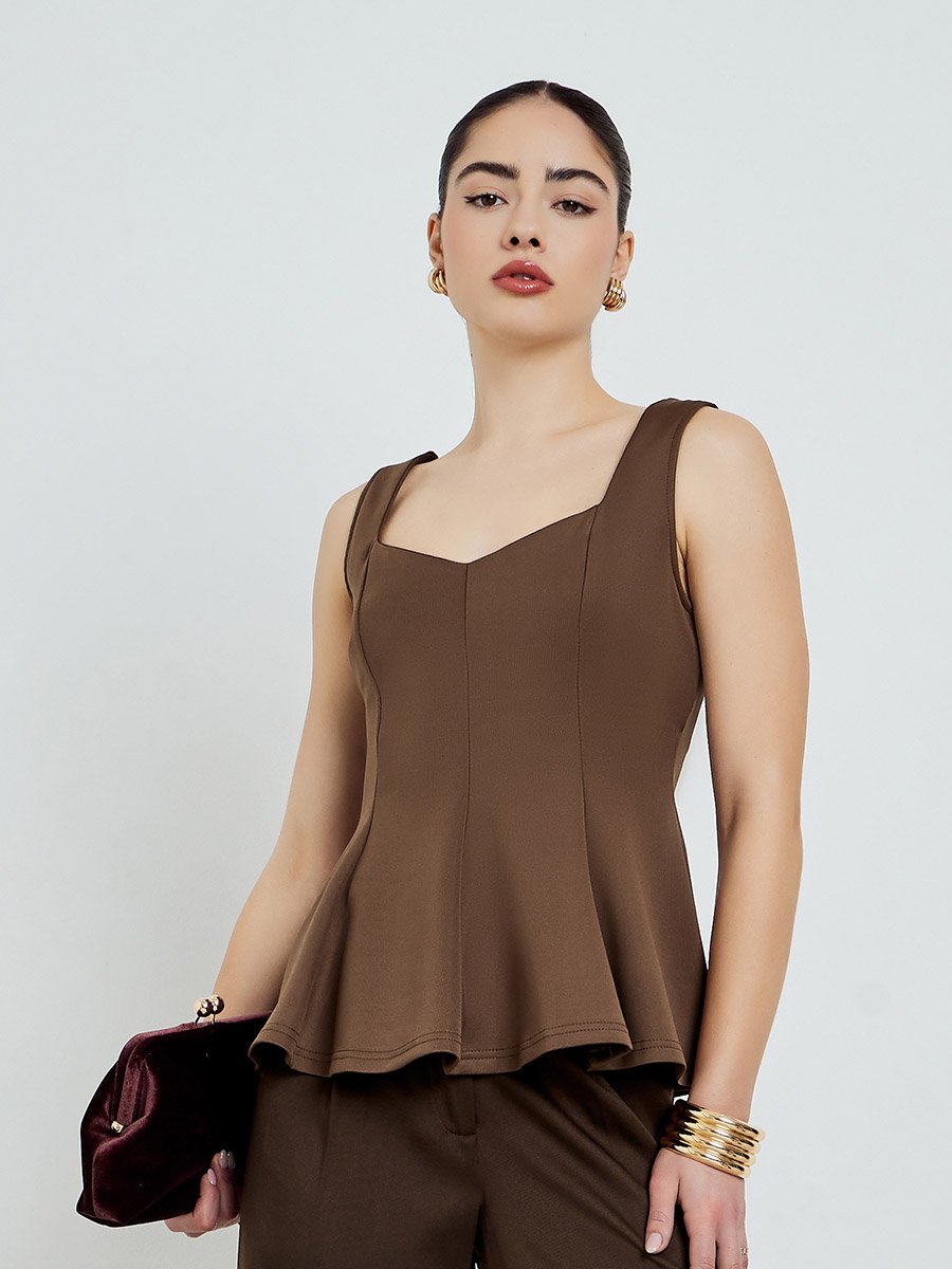 Brown Wide Straps Pleated Peplum Top