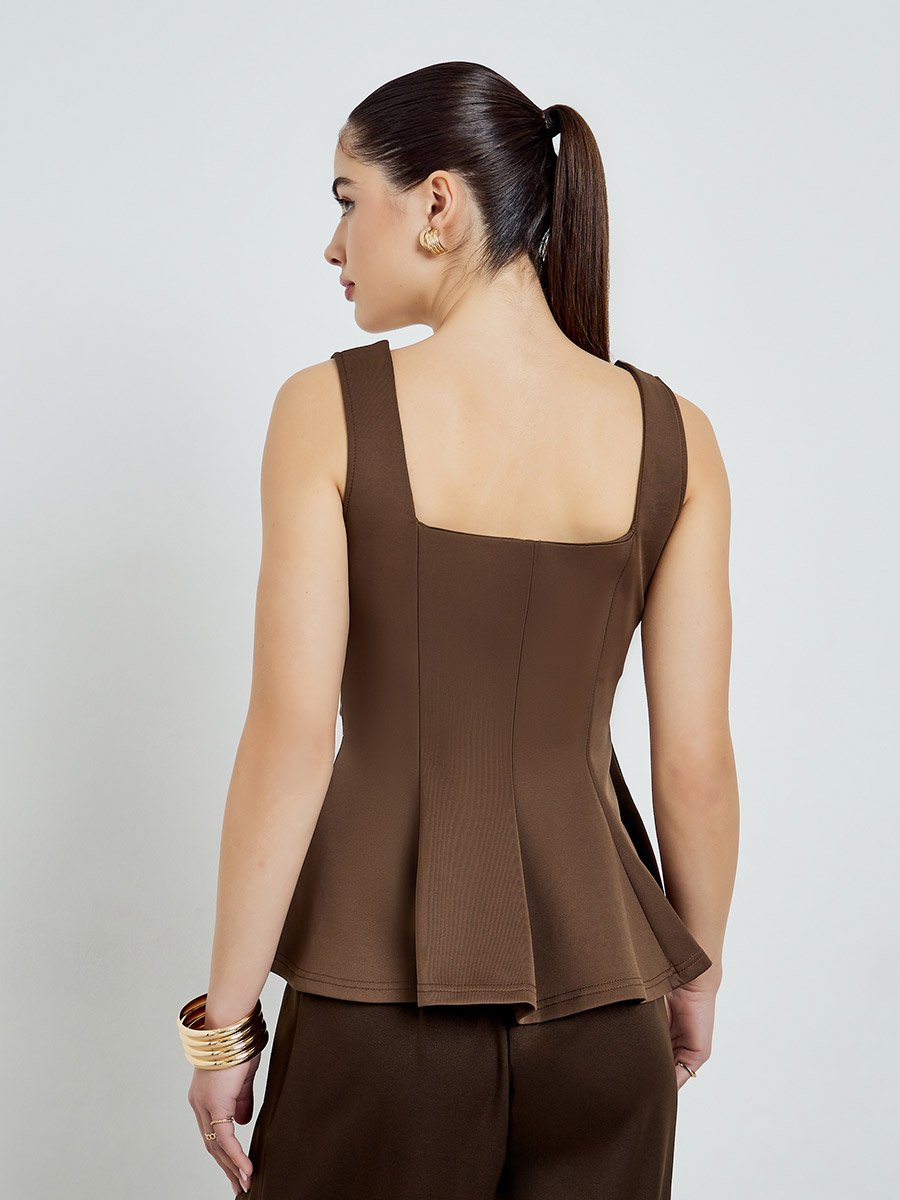 Brown Wide Straps Pleated Peplum Top