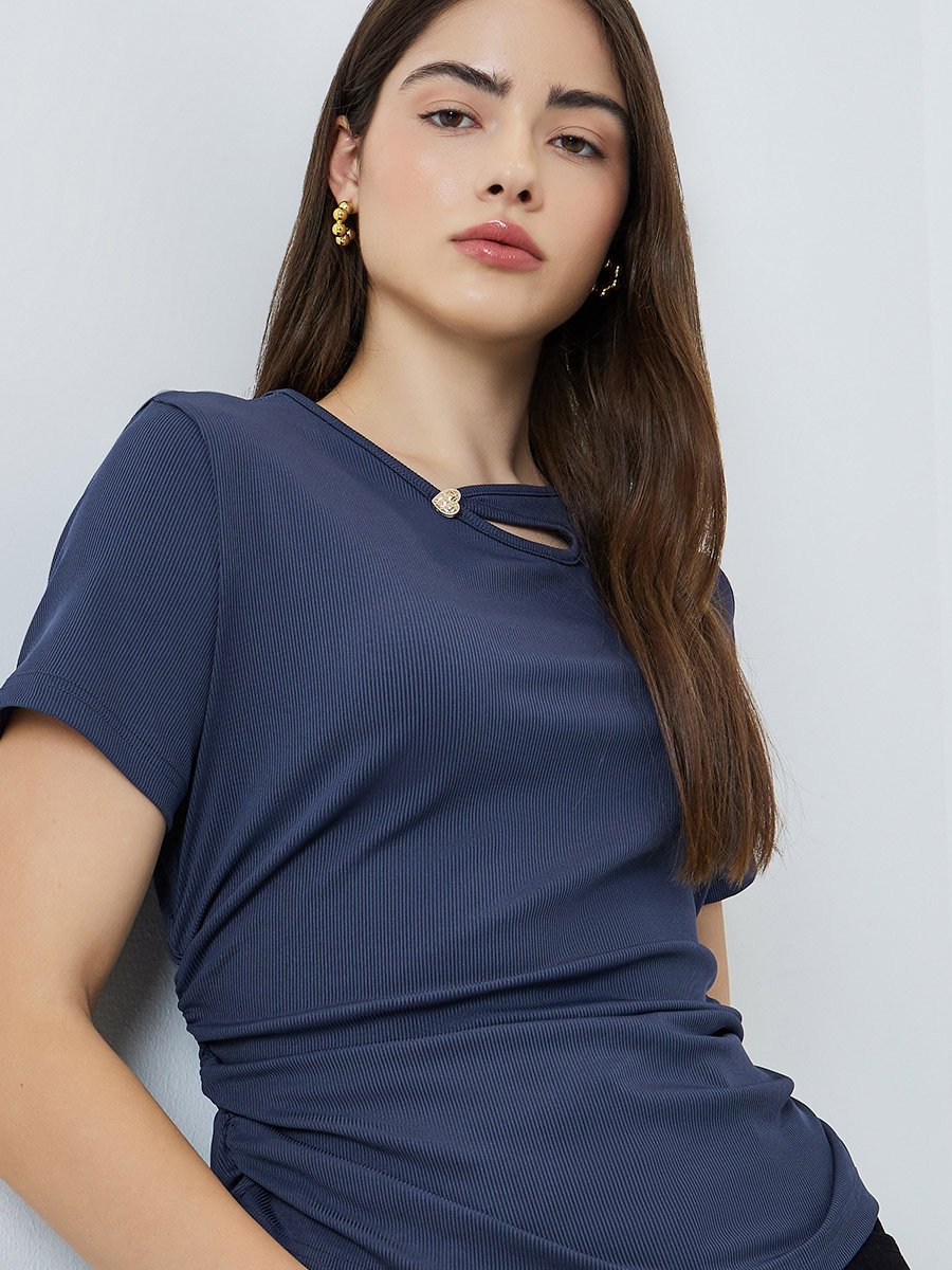 Navy Blue Ribbed Asymmetric Hem T-Shirt