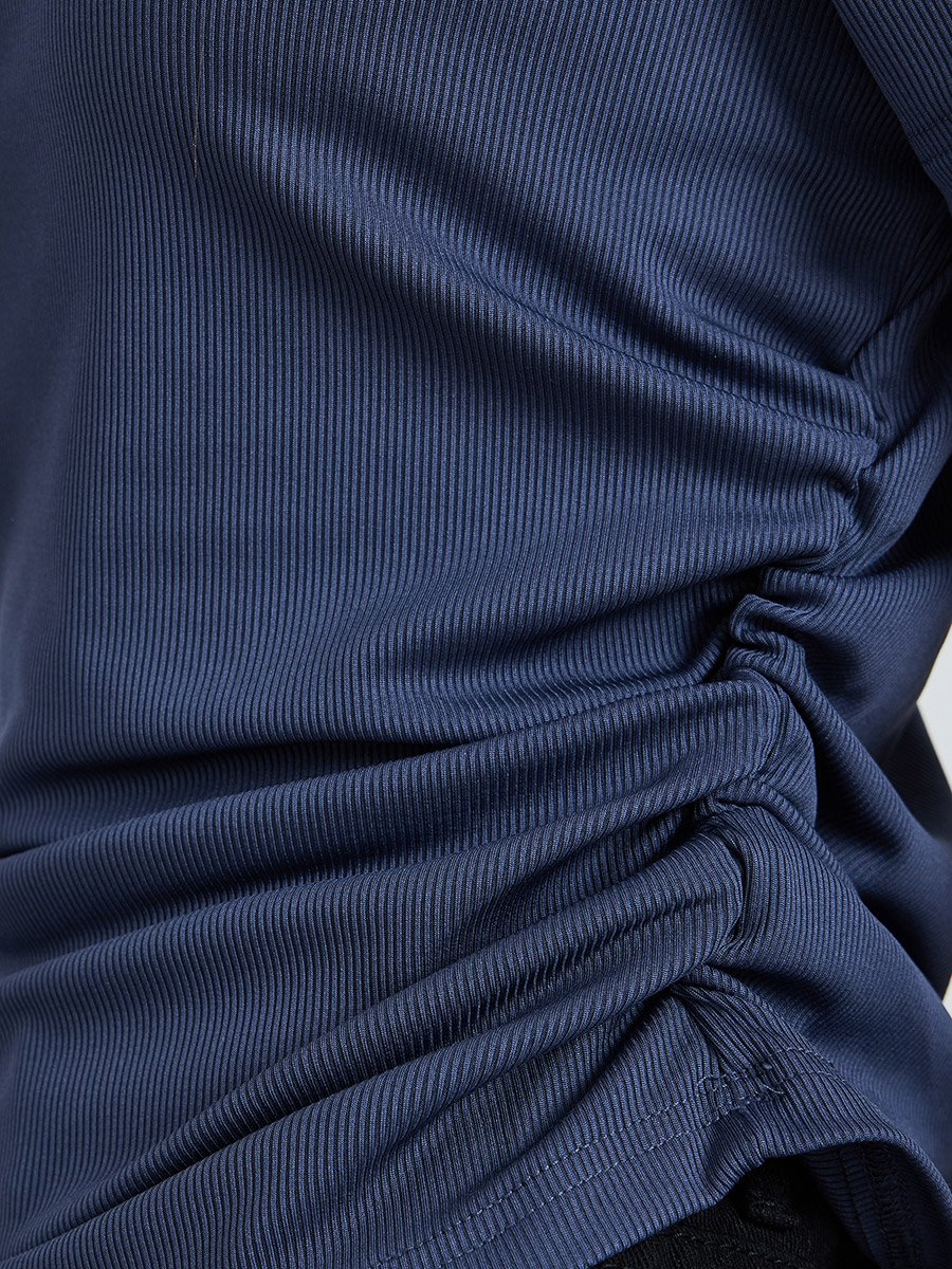 Navy Blue Ribbed Asymmetric Hem T-Shirt