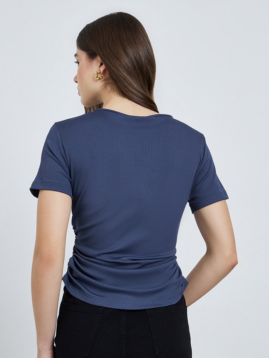 Navy Blue Ribbed Asymmetric Hem T-Shirt