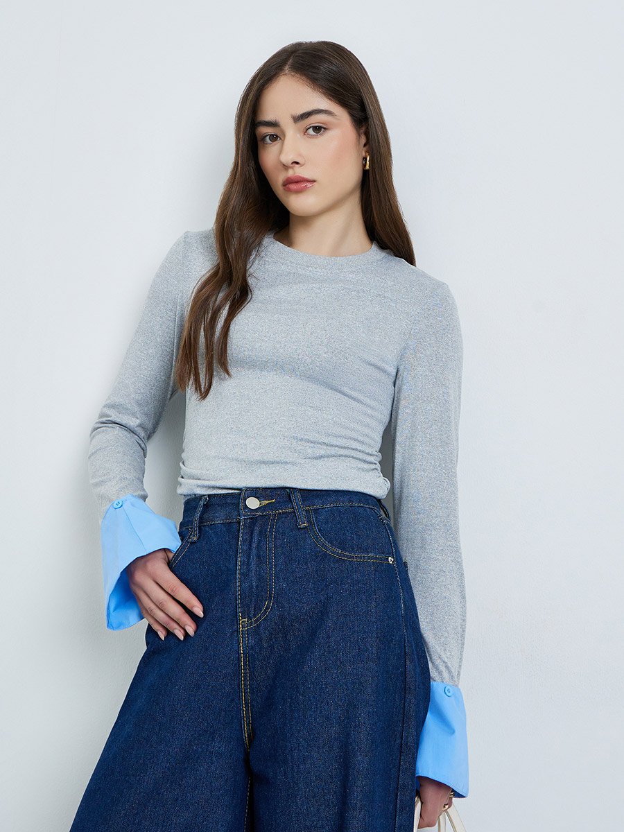 Grey Fitted Knit Top with Detachable Sleeves