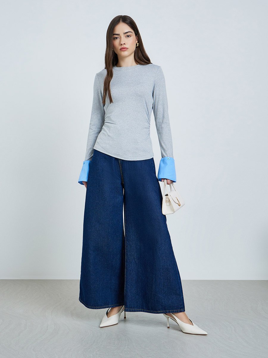 Grey Fitted Knit Top with Detachable Sleeves