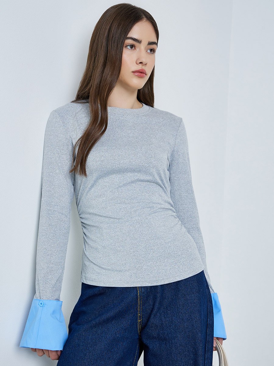 Grey Fitted Knit Top with Detachable Sleeves