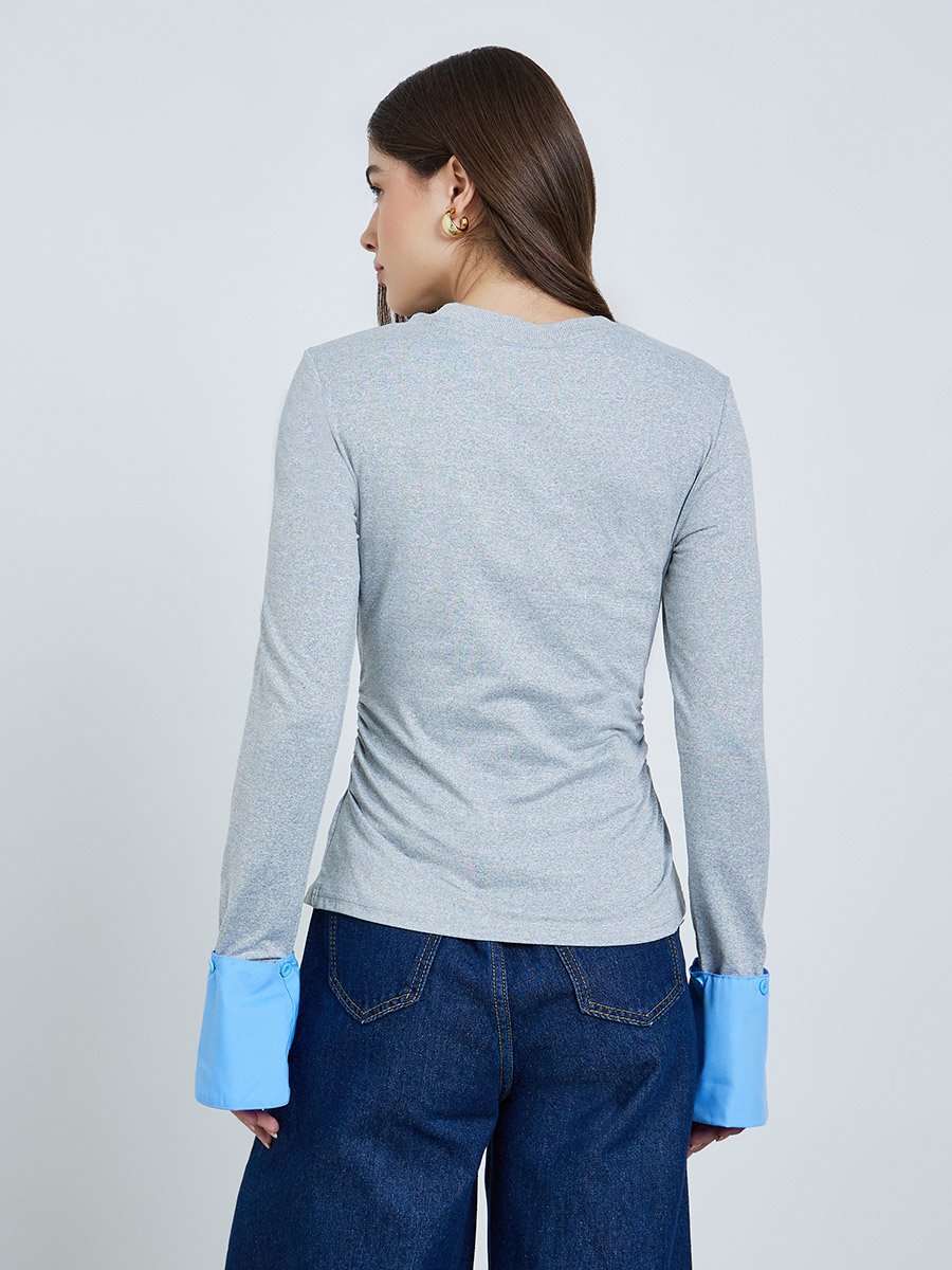 Grey Fitted Knit Top with Detachable Sleeves