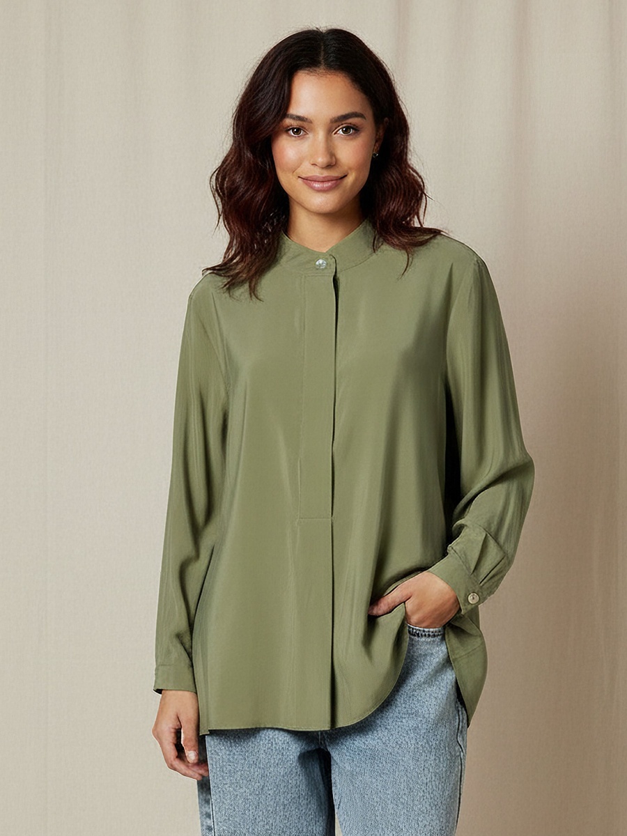 Regular Fit Cupro Top with Mandarin Collar