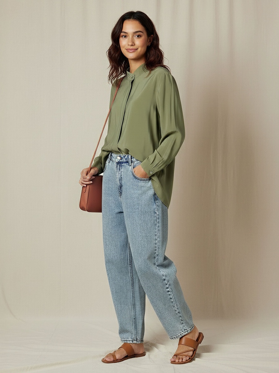 Regular Fit Cupro Top with Mandarin Collar
