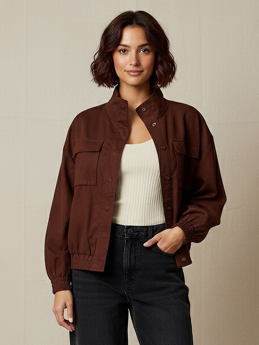 Linen Blend Utility Bomber Jacket with High Neck