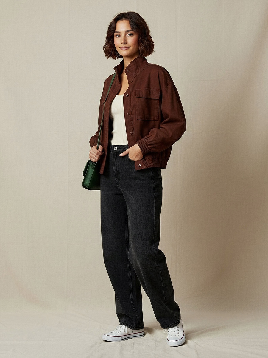 Linen Blend Utility Bomber Jacket with High Neck