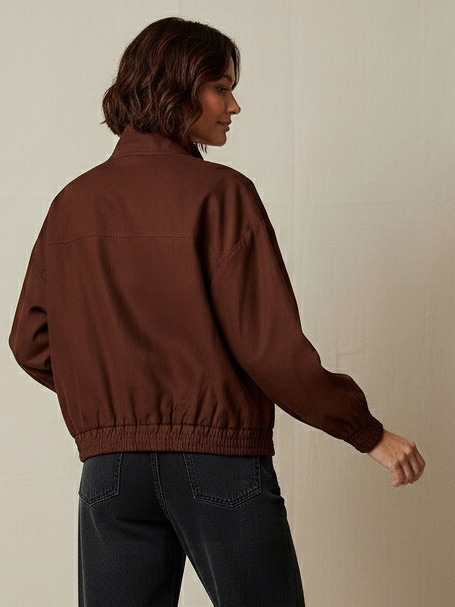 Linen Blend Utility Bomber Jacket with High Neck
