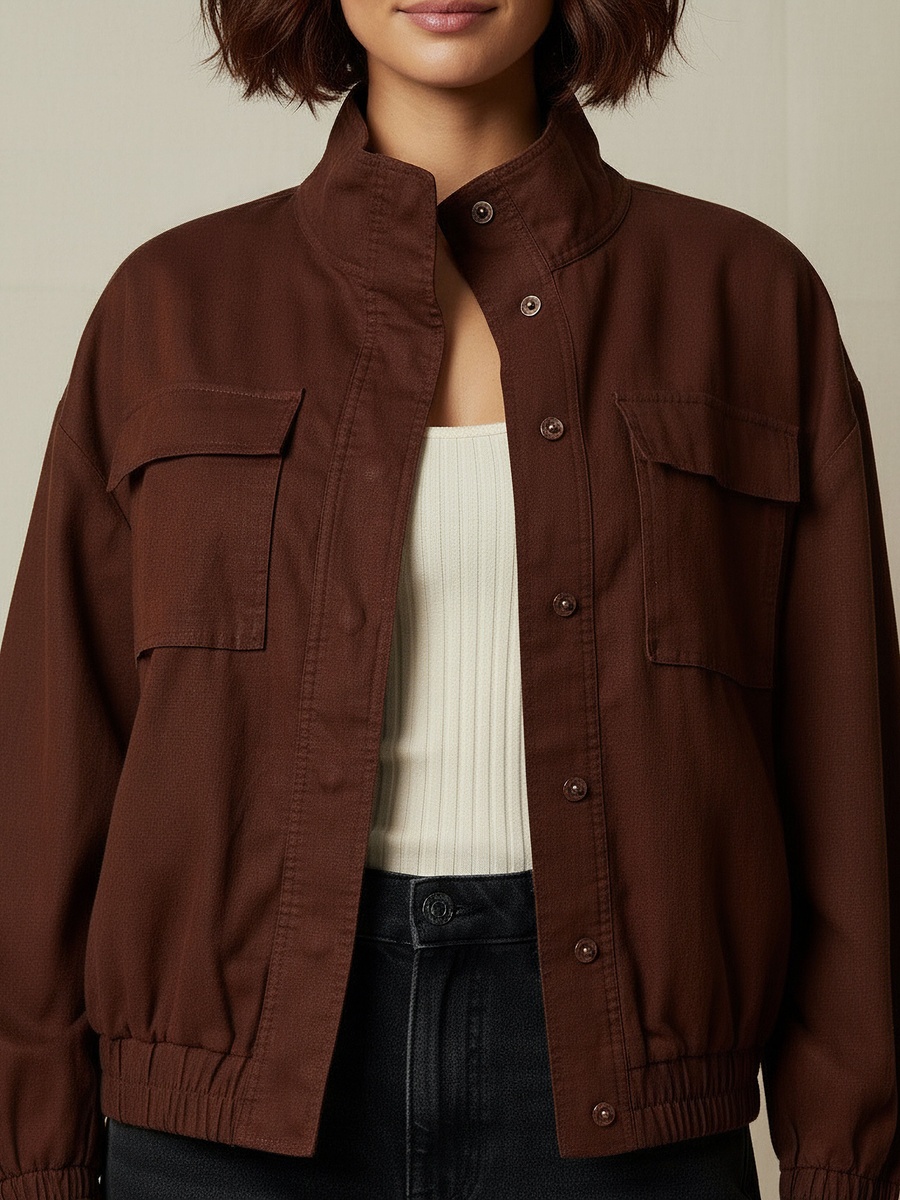 Linen Blend Utility Bomber Jacket with High Neck