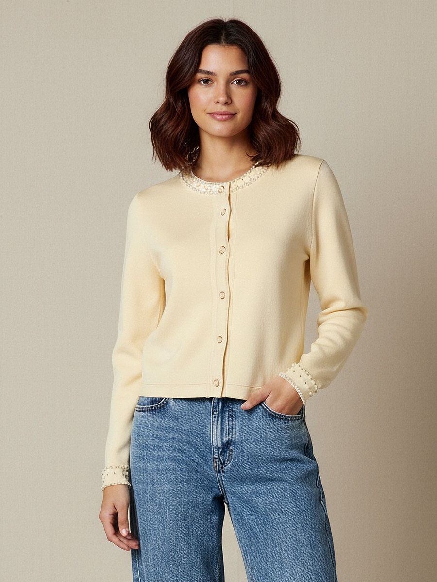 Pearl Embellished Round Neck Cardigan