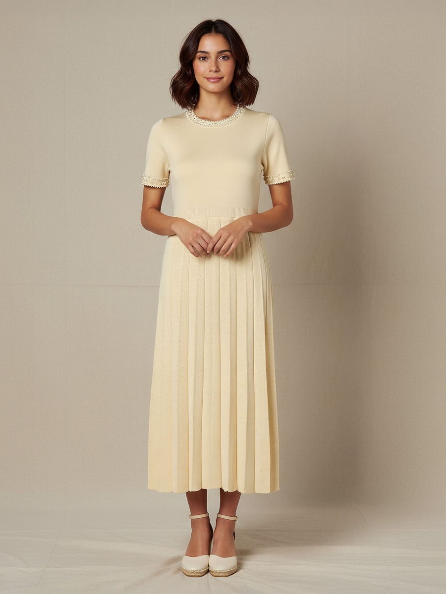 Pleated Midi Dress with Pearl Embellishment