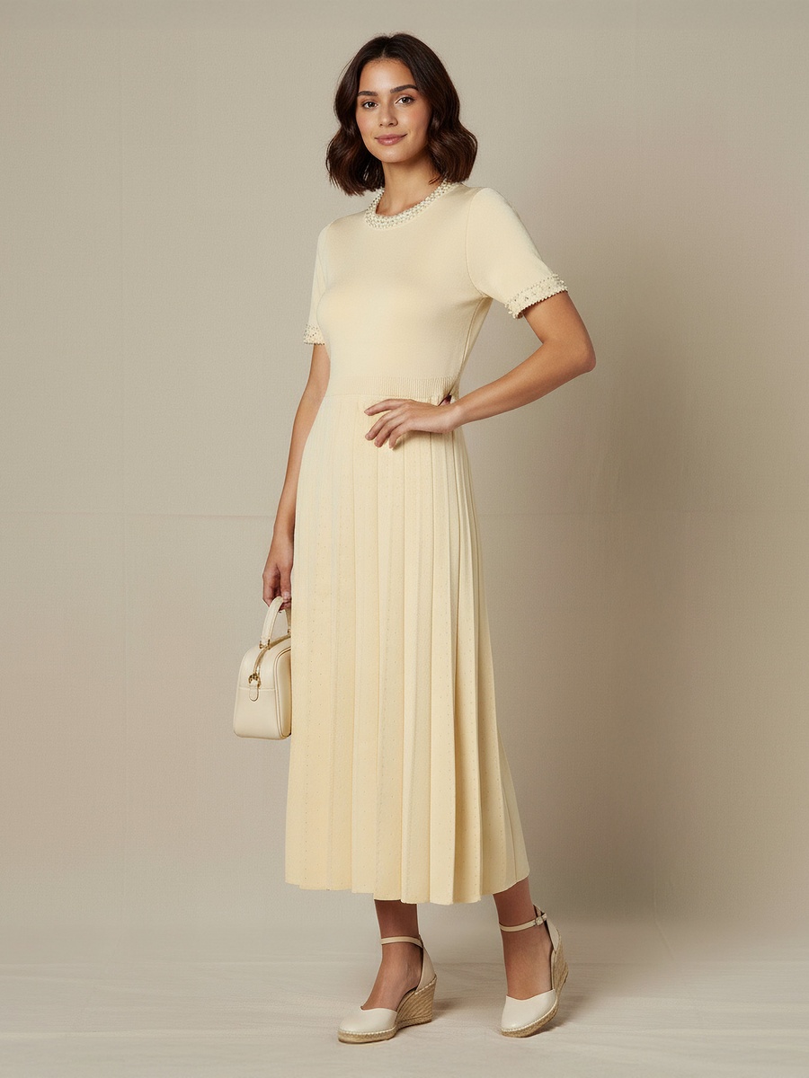 Pleated Midi Dress with Pearl Embellishment