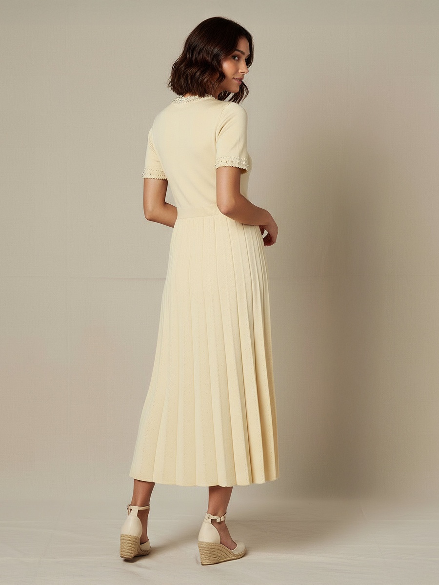 Pleated Midi Dress with Pearl Embellishment