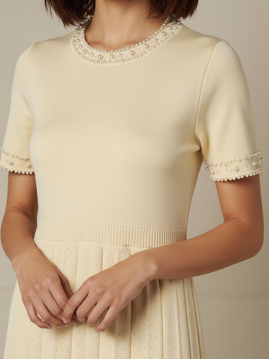 Pleated Midi Dress with Pearl Embellishment