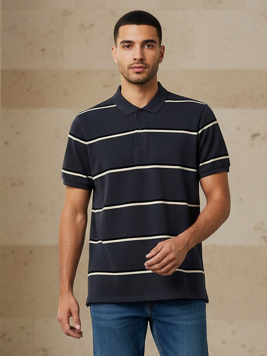Men Short Sleeve Striped Polo T-Shirt