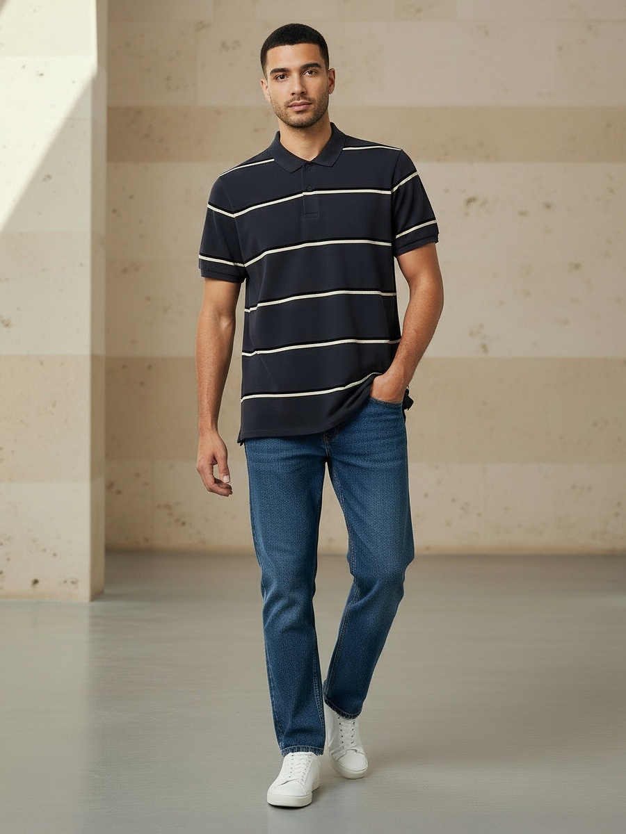 Men Short Sleeve Striped Polo T-Shirt