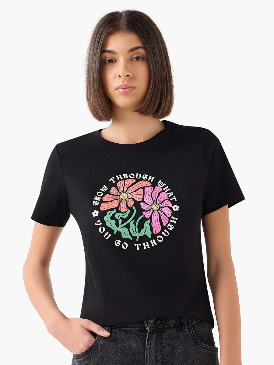 Regular Fit Cotton T-Shirt with Floral Slogan Print