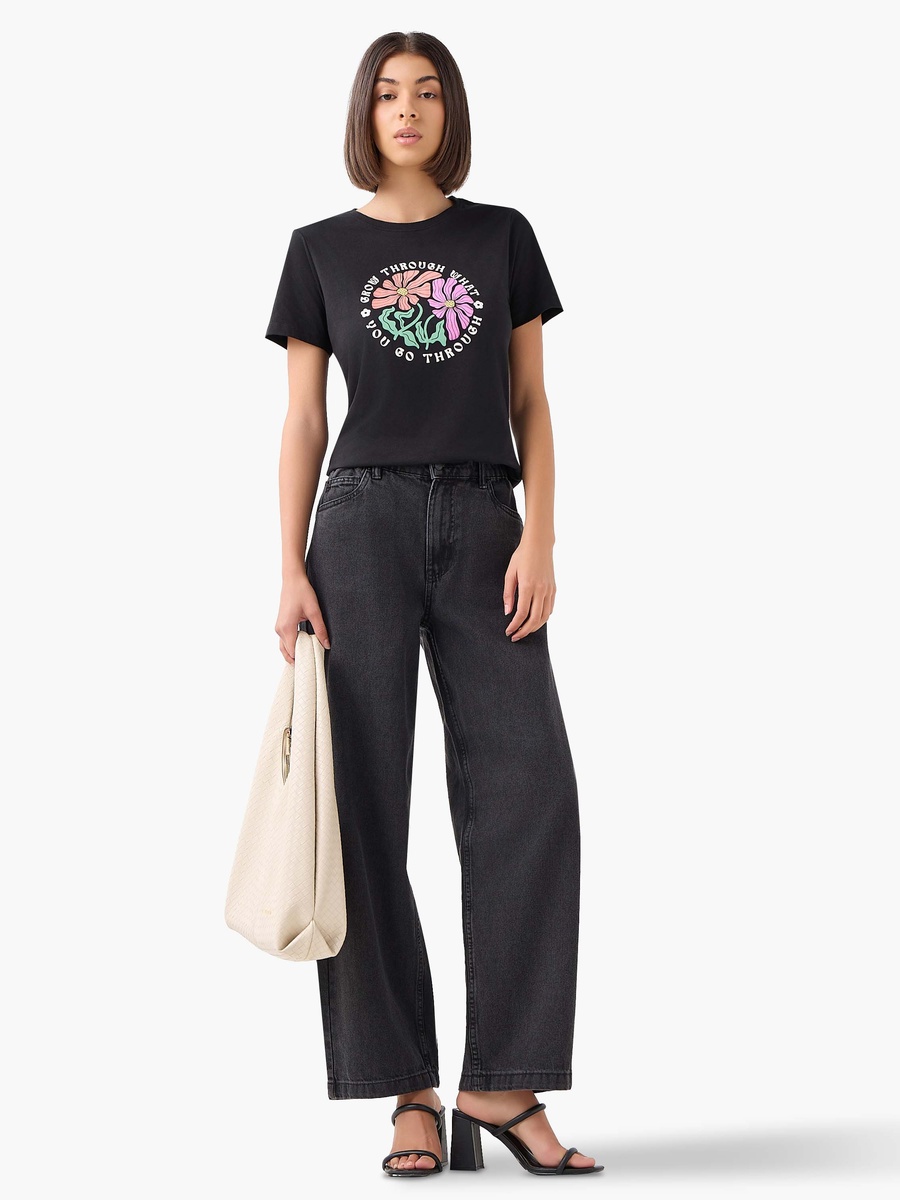 Regular Fit Cotton T-Shirt with Floral Slogan Print