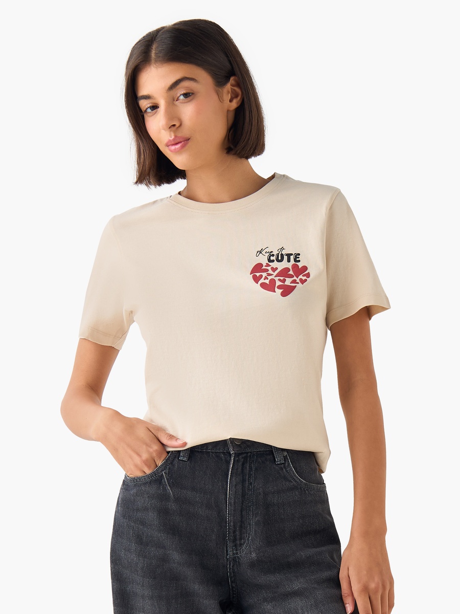 Regular Fit Cotton T-Shirt with Heart Print