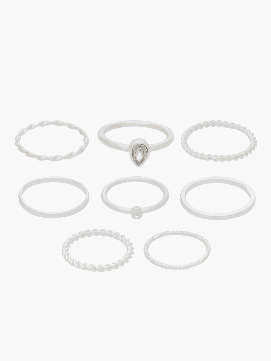 Set of 8 - Embellished Metal Silver Tone Ring