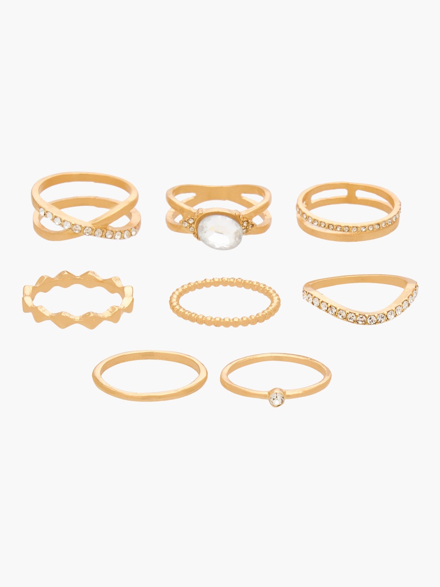 Set of 8 - Embellished Metal Gold Tone Ring