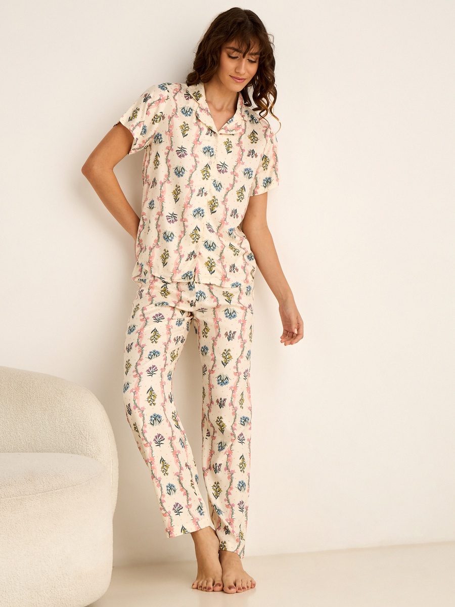 Viscose Pyjama Set with Button-Down Shirt and Trousers