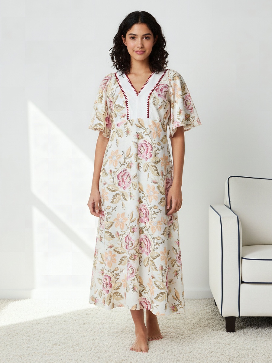 Floral Print Cotton Night Gown with Flutter Sleeves