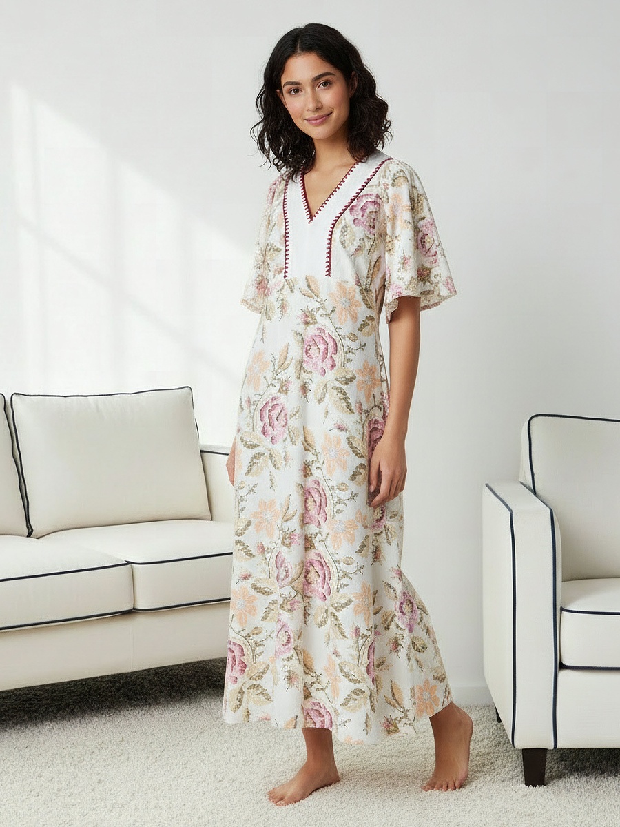Floral Print Cotton Night Gown with Flutter Sleeves
