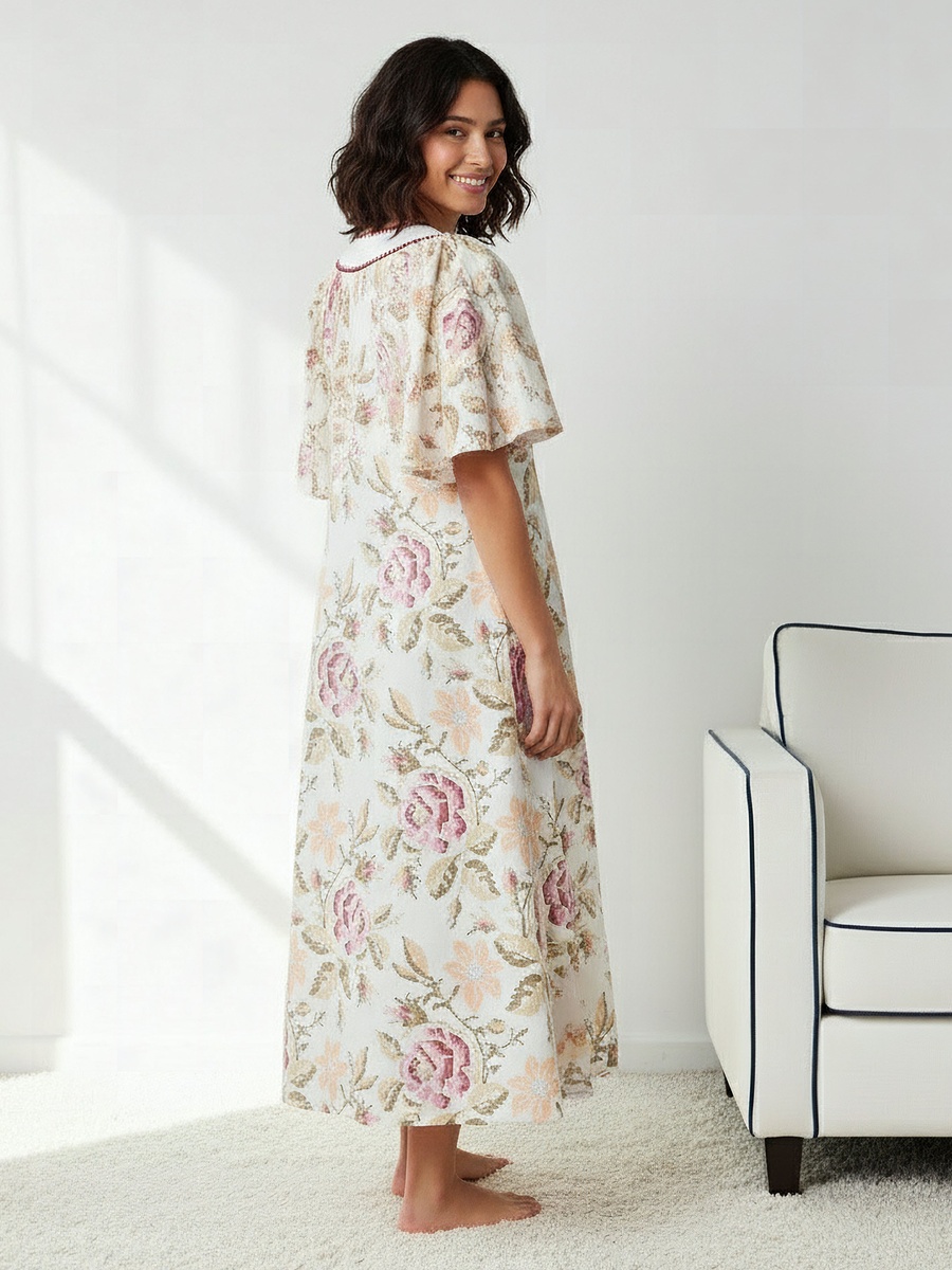 Floral Print Cotton Night Gown with Flutter Sleeves