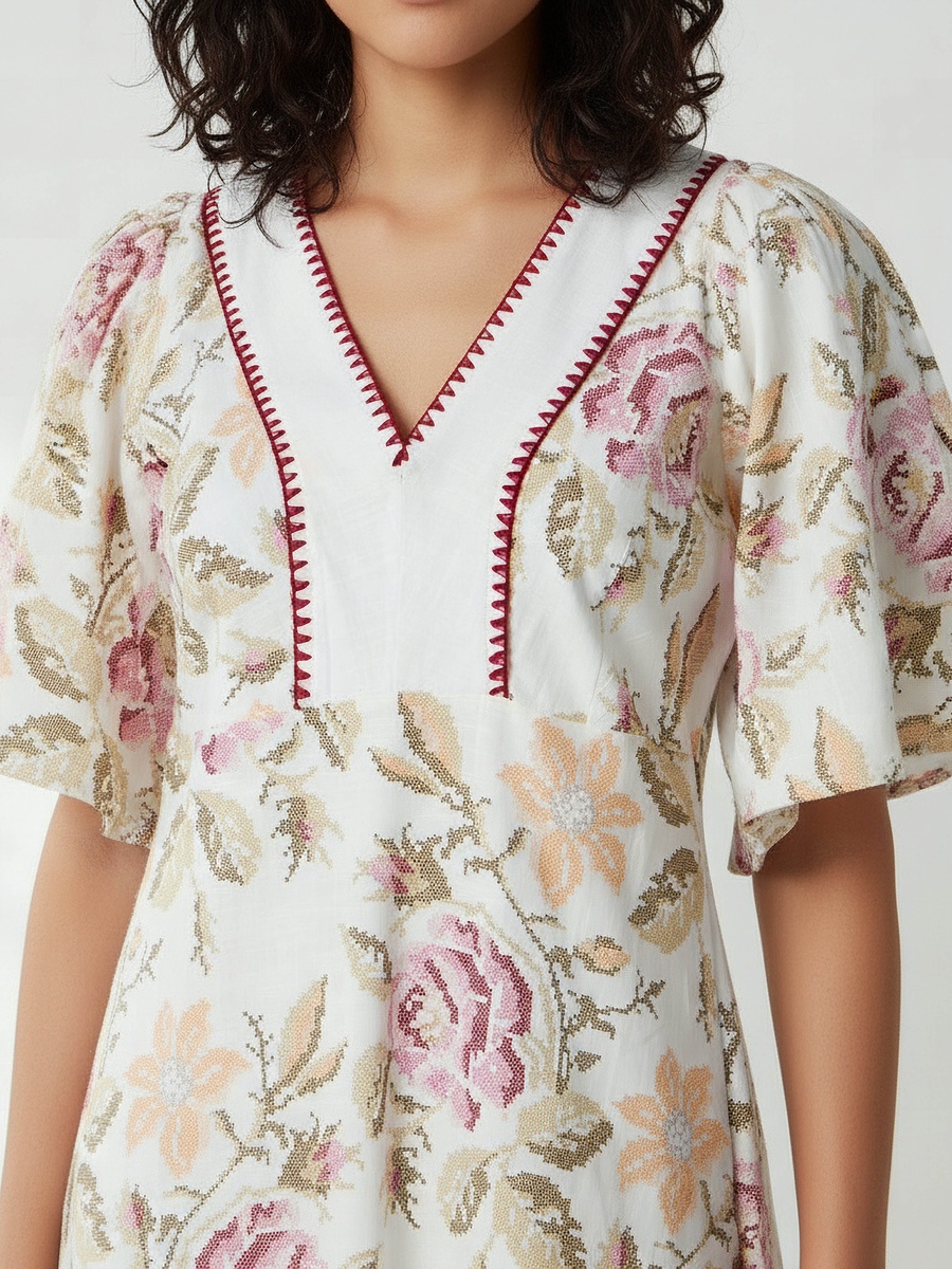 Floral Print Cotton Night Gown with Flutter Sleeves