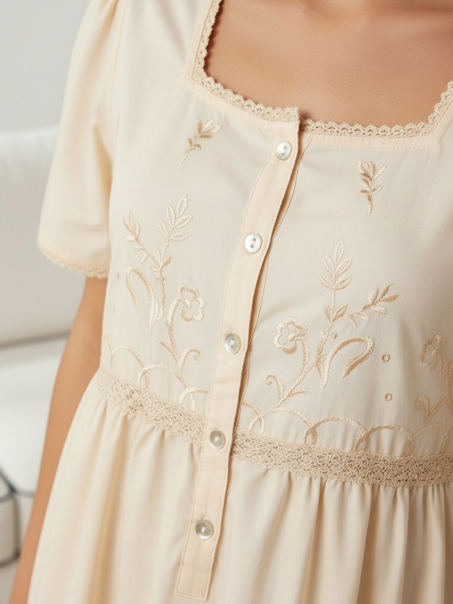 Cotton Night Dress with Short Sleeves and Embroidery For Default Category at Kuwait | Styli Cotton Night Dress with Short Sleeves and Embroidery For Default Category at Kuwait | Styli