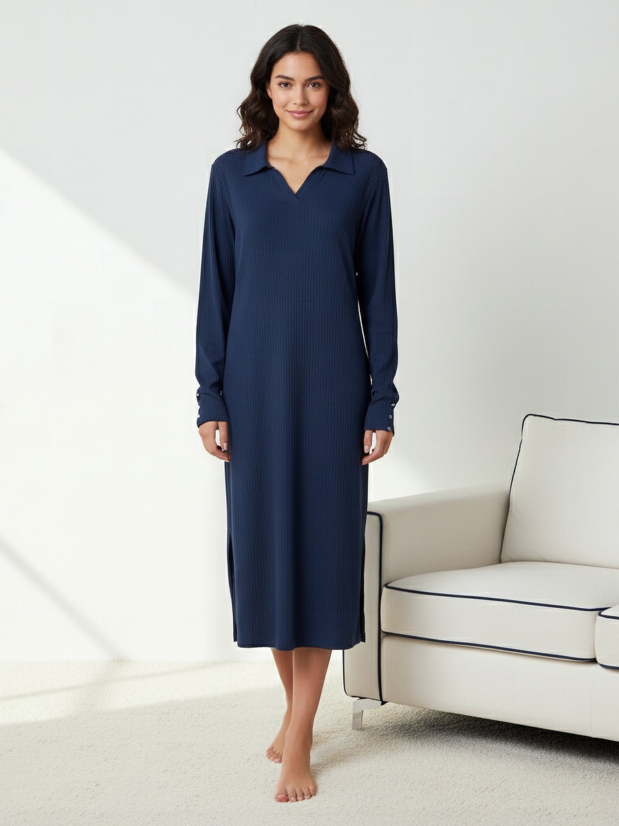 Night Dress with Long Sleeves and Collar