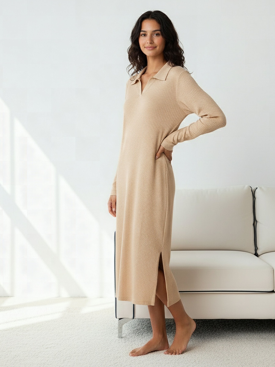 Night Dress with Long Sleeves and Collar