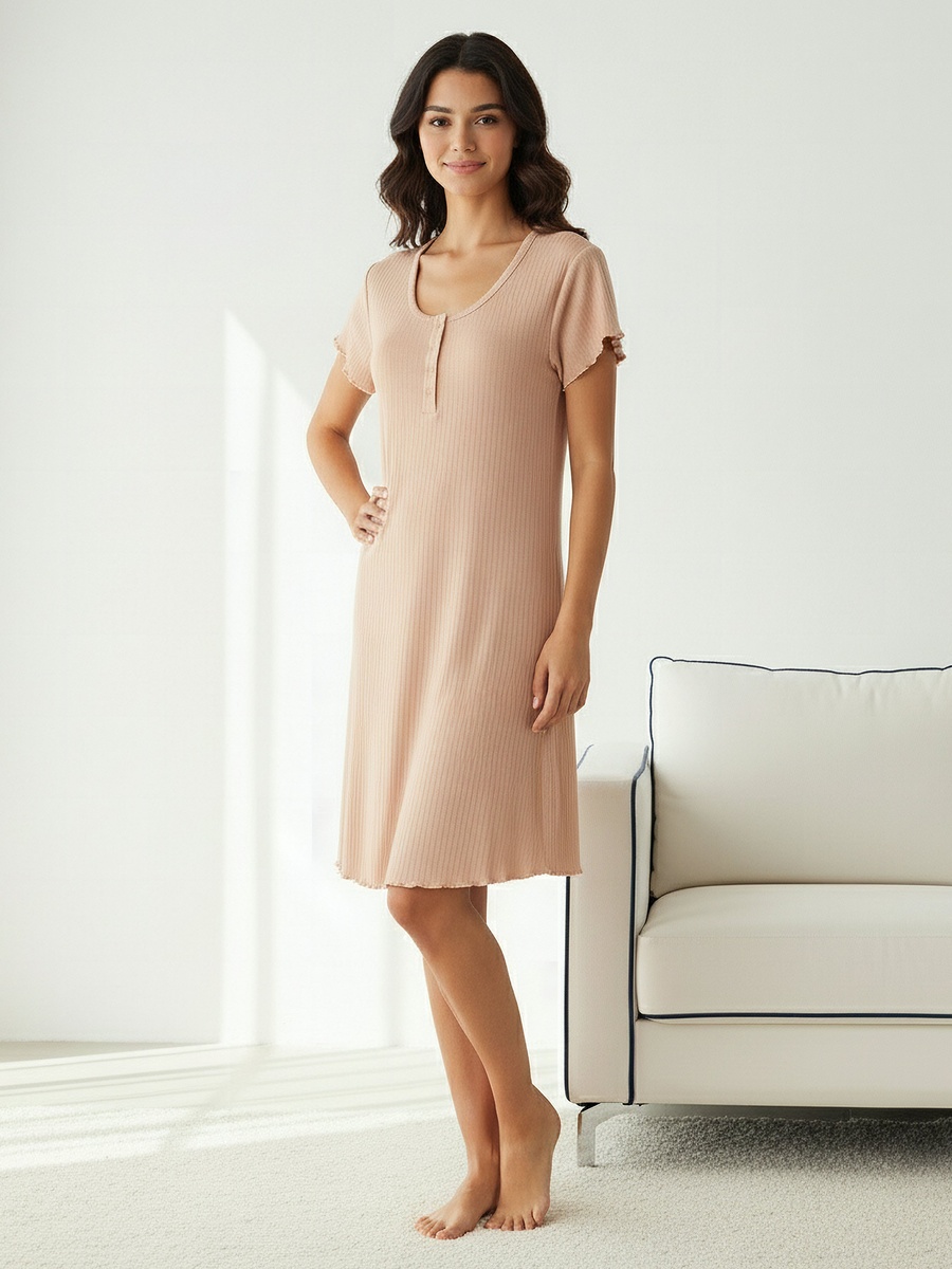 Night Dress with Short Sleeves and Ribbed Design