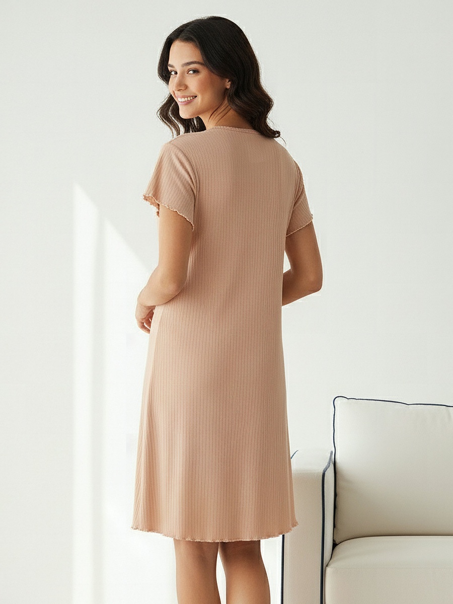 Night Dress with Short Sleeves and Ribbed Design