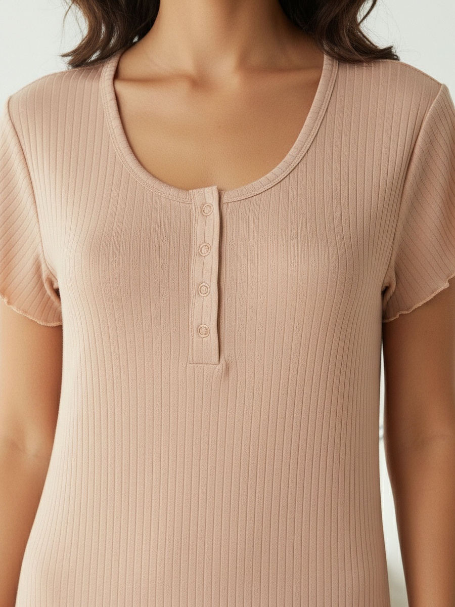 Night Dress with Short Sleeves and Ribbed Design