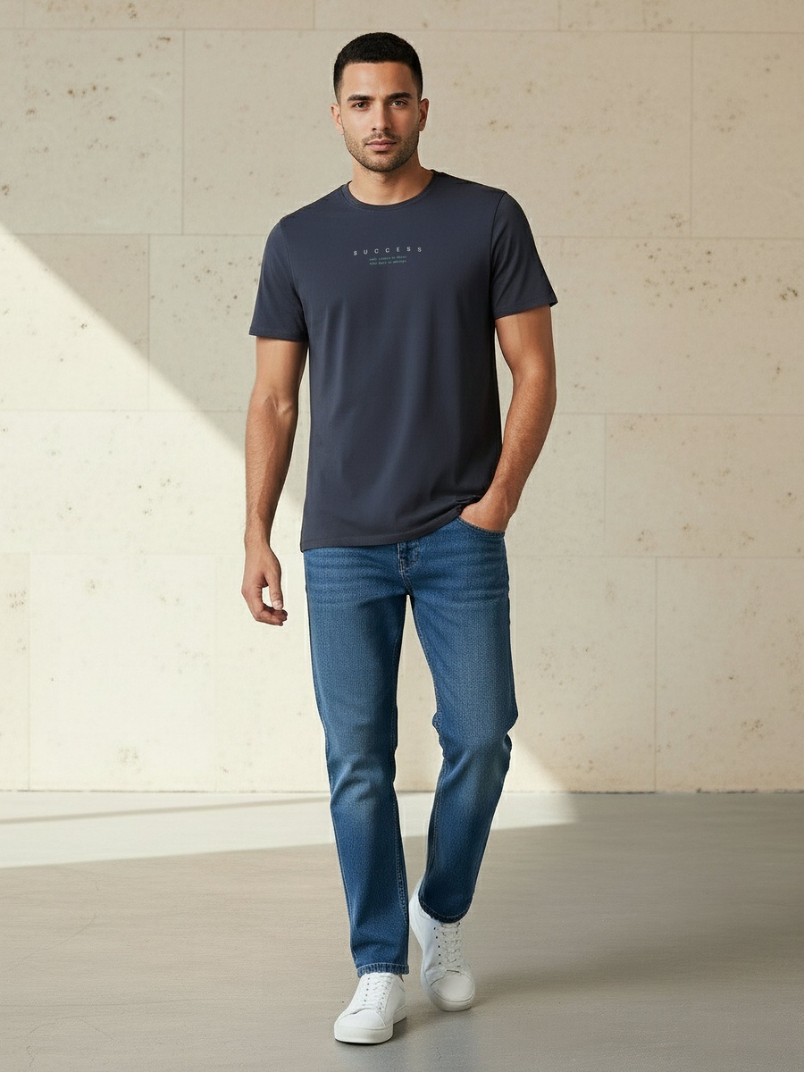 Men Slim Fit Round Neck Short Sleeve Slogan Print T-Shirt