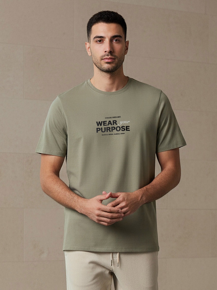 Men Slim Fit Round Neck Short Sleeve Slogan Print T-Shirt