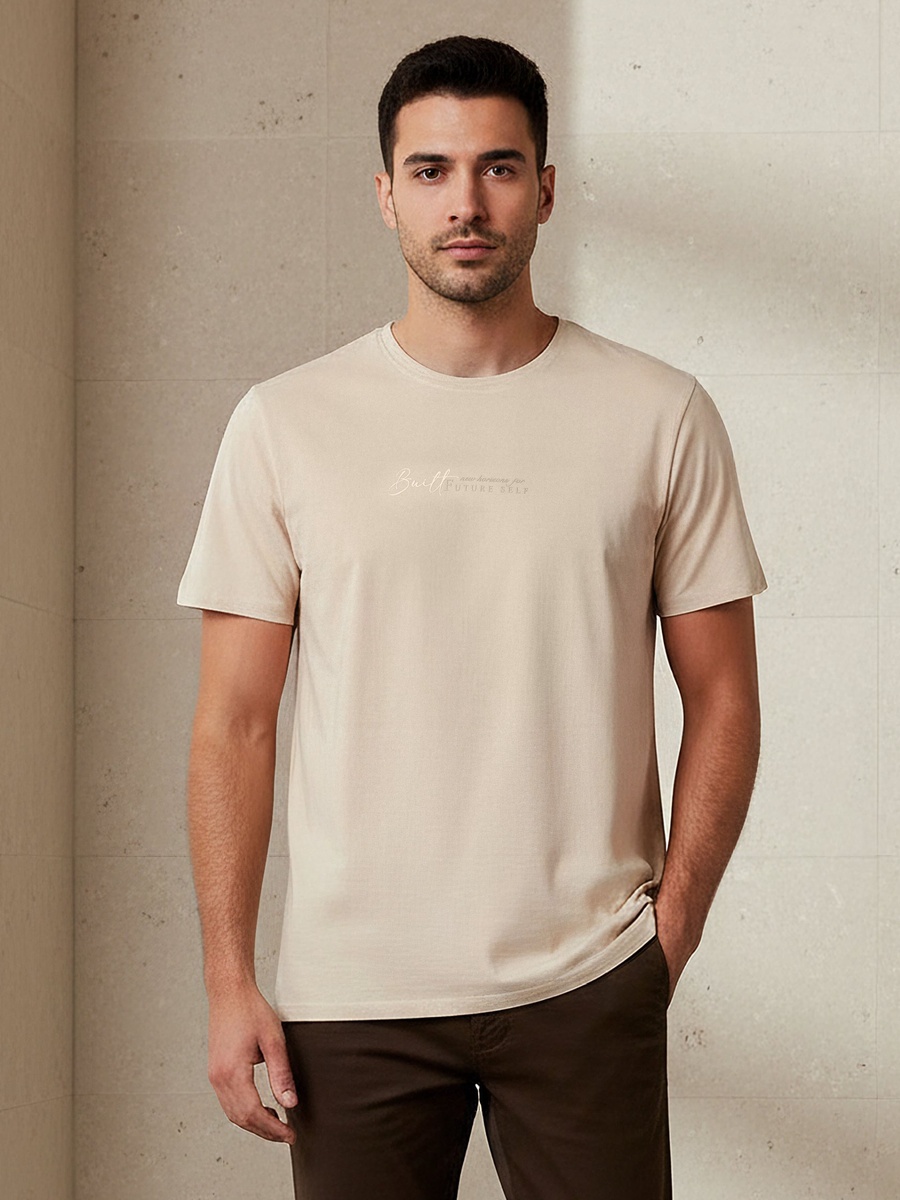 Men Slim Fit Round Neck Short Sleeve Slogan Print T-Shirt
