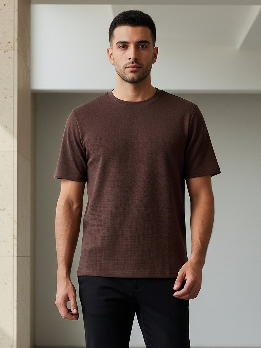 Men Regular Fit Crew Neck Short Sleeve Textured T-Shirt