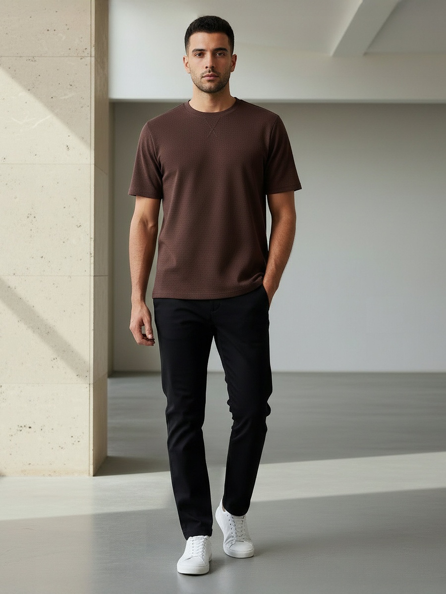 Men Regular Fit Crew Neck Short Sleeve Textured T-Shirt