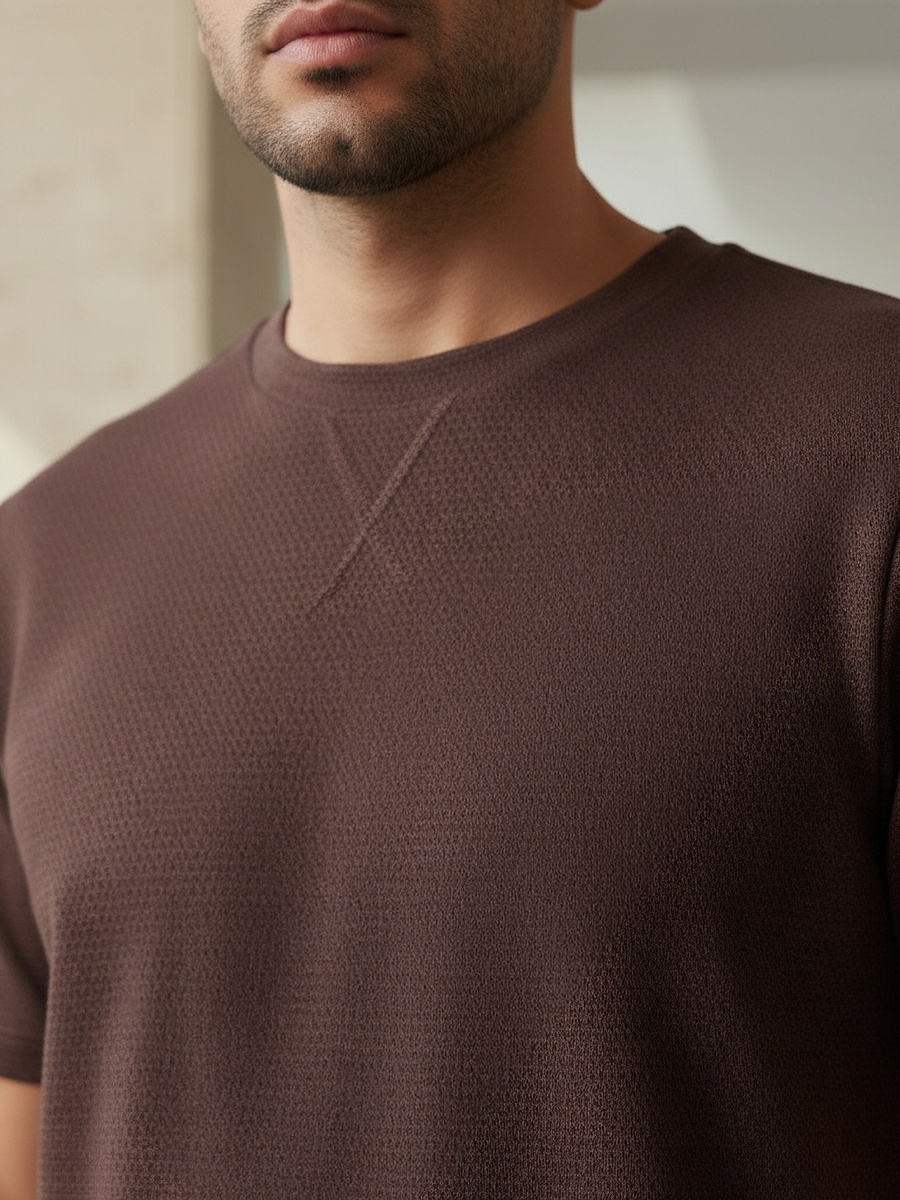 Men Regular Fit Crew Neck Short Sleeve Textured T-Shirt