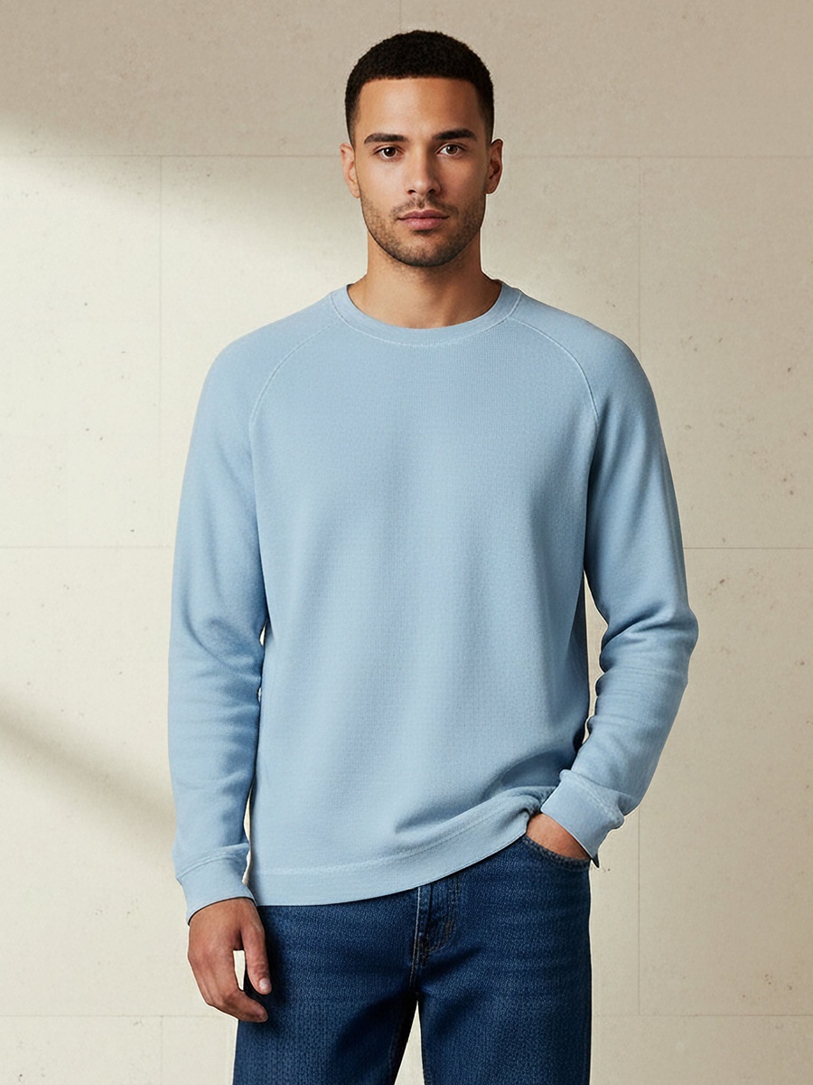 Men Regular Fit Crew Neck Long Sleeve Textured T-Shirt
