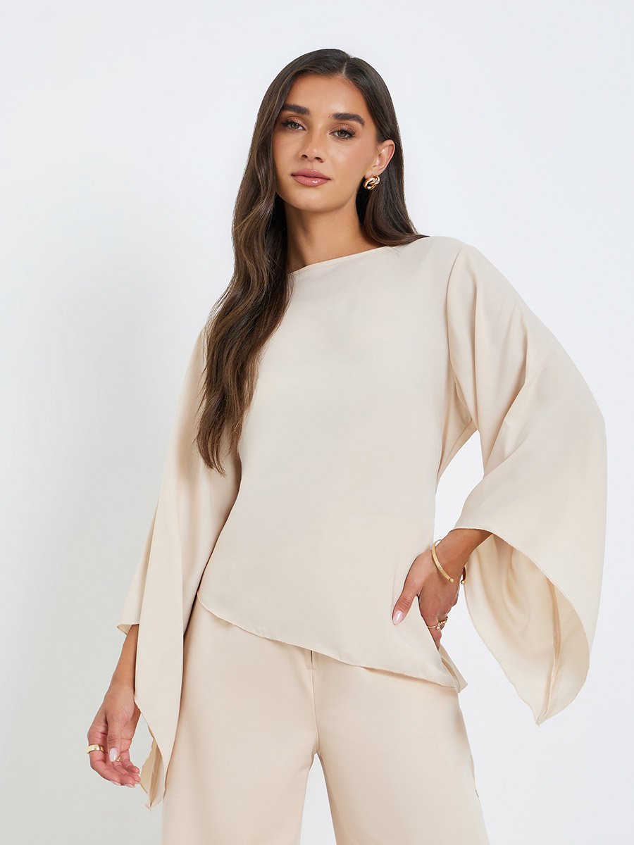 Women Beige Batwing Sleeve Asymmetric Hem Blouse