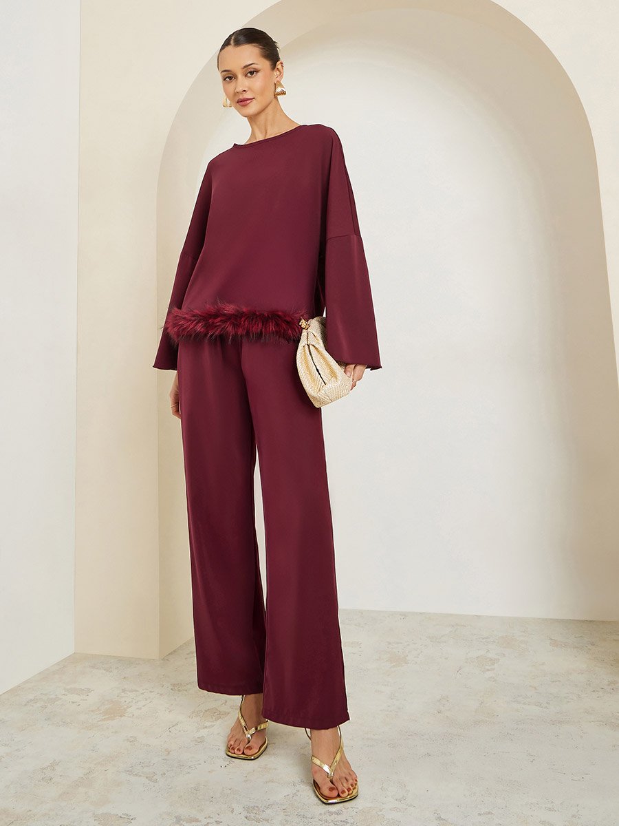 Burgundy Faux Feather Trim Blouse and Pants Co-ords